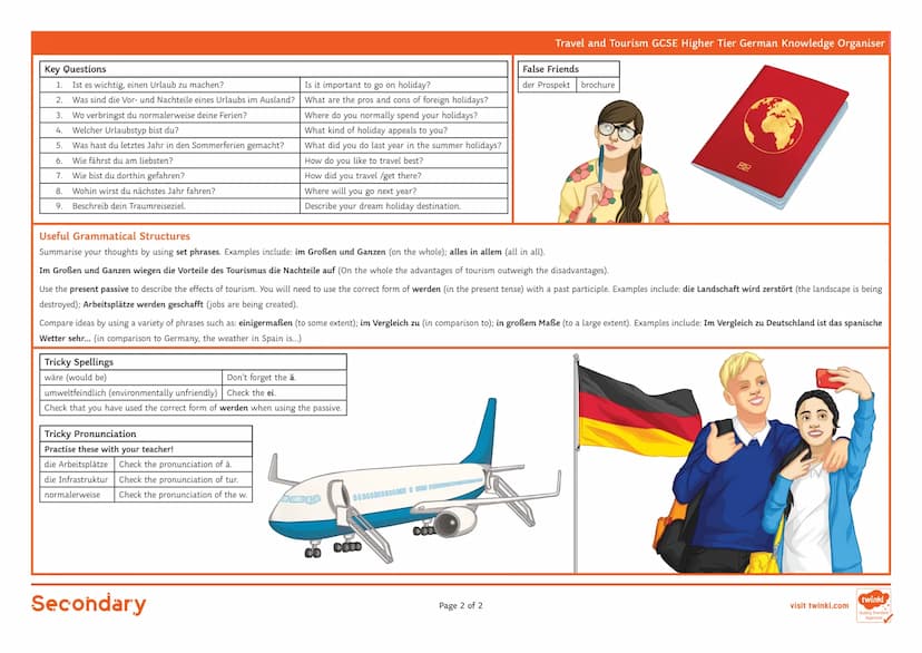 Travel and Tourism GCSE Higher Tier German Knowledge Organiser
Key Ideas
• Die Wichtigkeit eines Urlaubs
Die Nachteile des Tourismus
• Die i