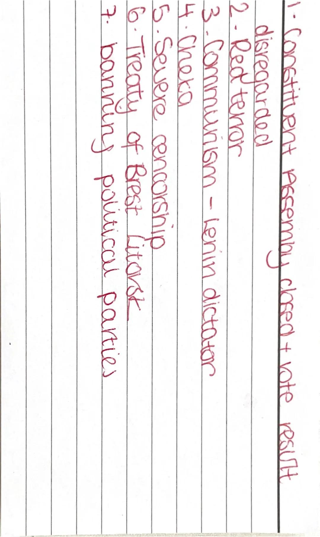 Reasons Reds
won 1. Geographical Advantage
2. Well supplied amy (war communism)
3-Red terror
4. Whiles disorganised
5. Trotsky + Army
6. Fig