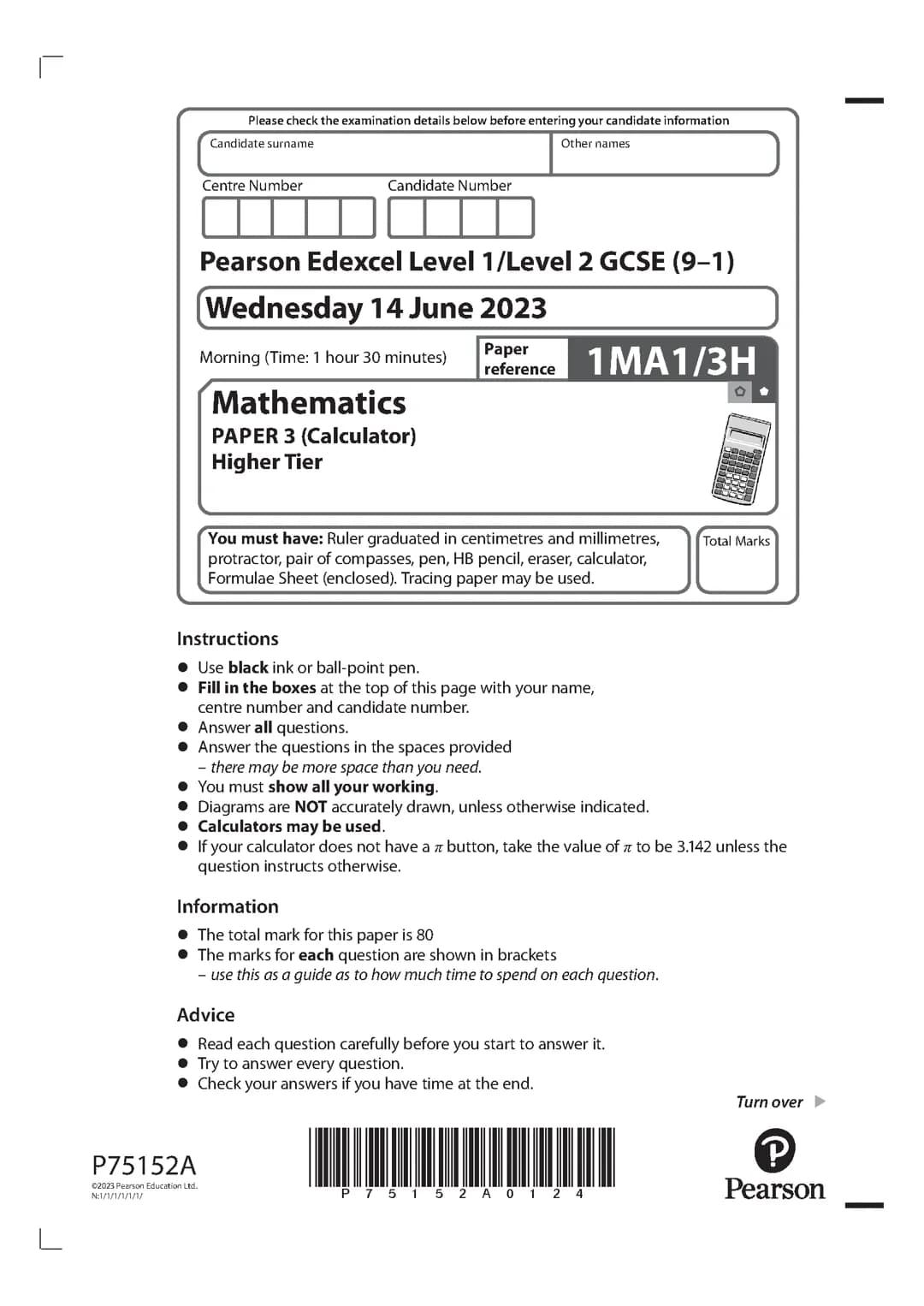 Maths Higher Tier Paper 3 Calculator