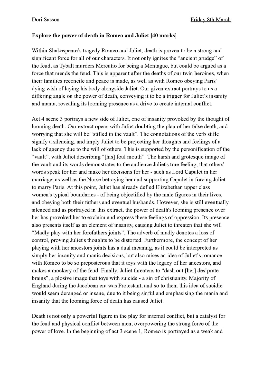 Romeo and Juliet grade 9 37/40 model essay