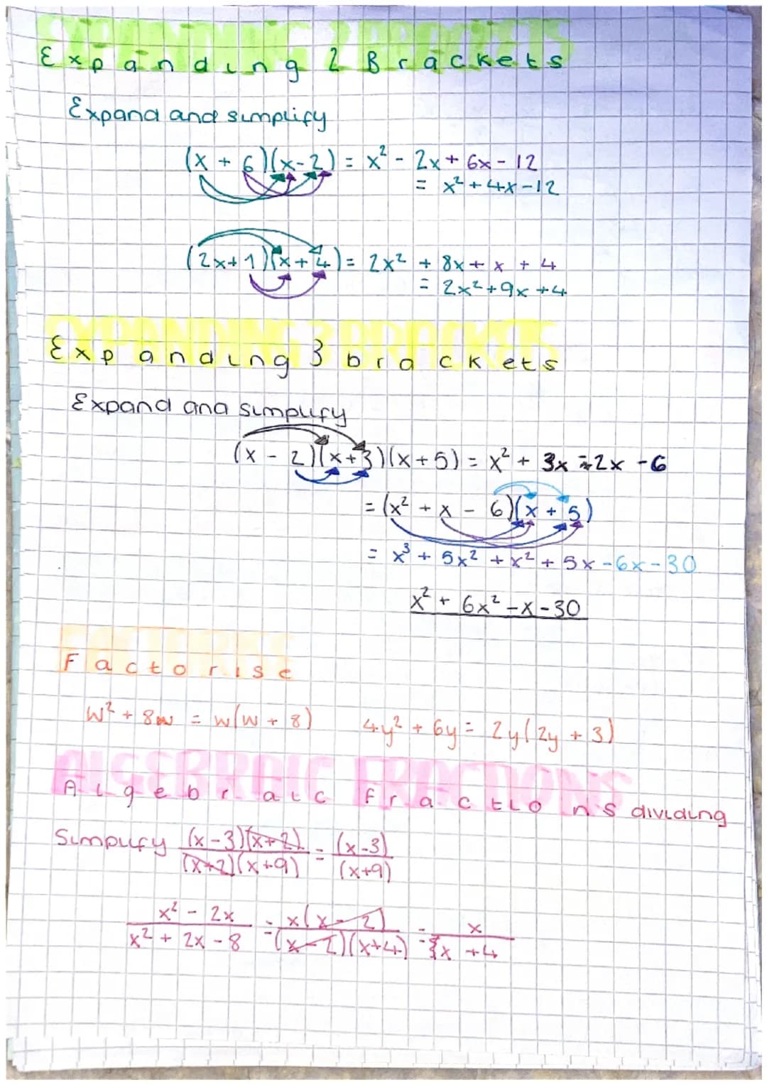 Expanding
Expand and simplify
(x
+
)(x-2) = x² - 2x + 6x - 12
= x² + 4x-12
(2x + 1)(x + 4) = 2x² + 8x + x + 4
= 2x² +9x +4
Expanding
Facto
2
