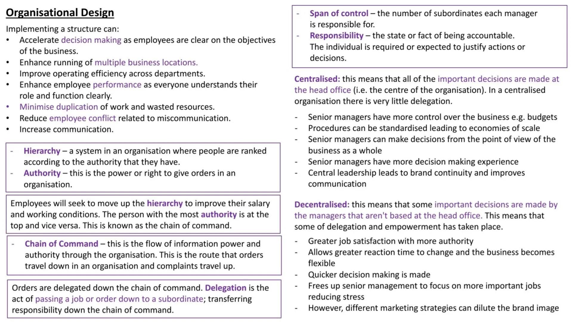 Organisational Design
Implementing a structure can:
Accelerate decision making as employees are clear on the objectives
of the business.
●
●
