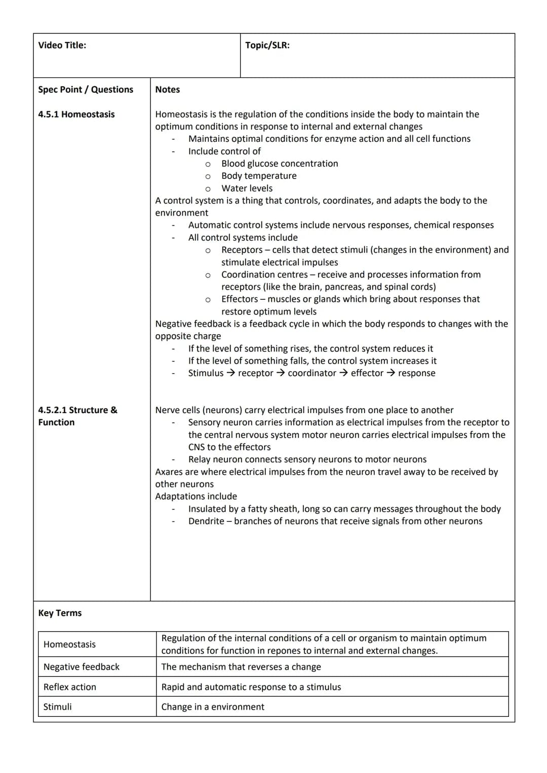 Awesome Homeostasis Notes and Questions for AQA GCSE Biology