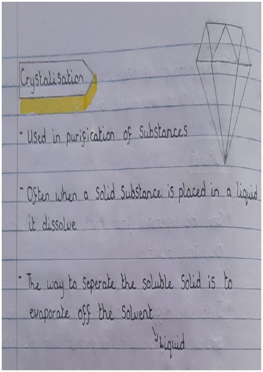 Seperating mixtures
Key words.
Crystallisation is the process in which a Solid
Forms either from Something that has been
melted or from a so
