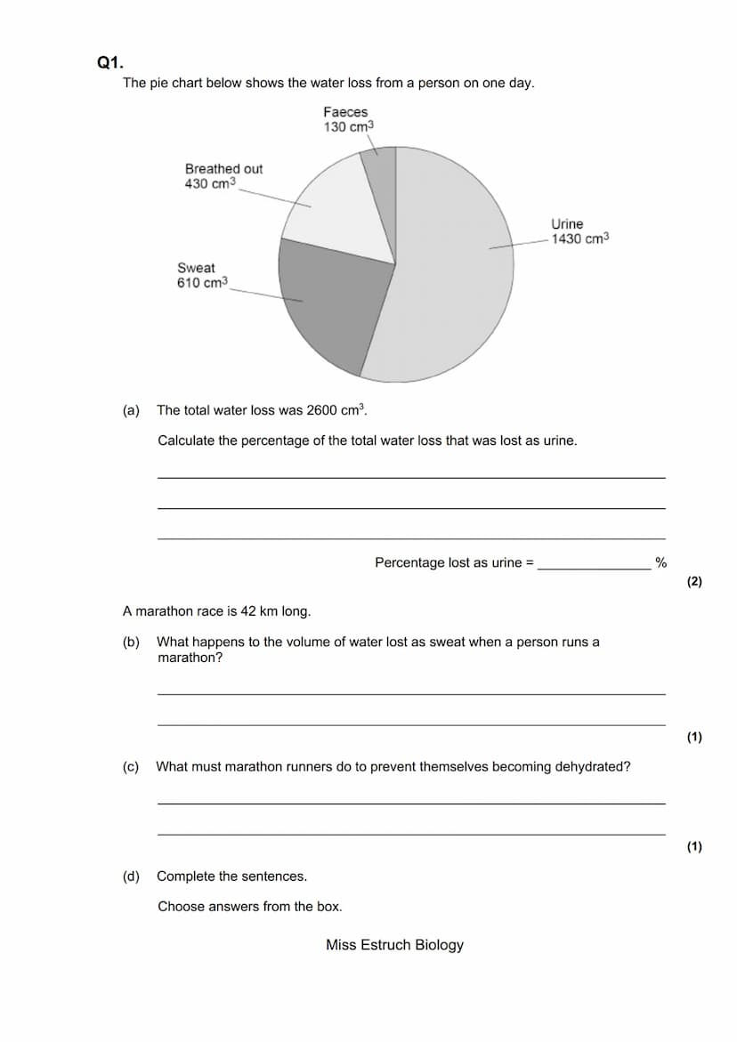 Exams 2022
GCSE Biology Higher Tier Paper 2
145 marks
miss
ESTRUCH
BIOLOGY
Miss Estruch Biology Q1.
The pie chart below shows the water loss