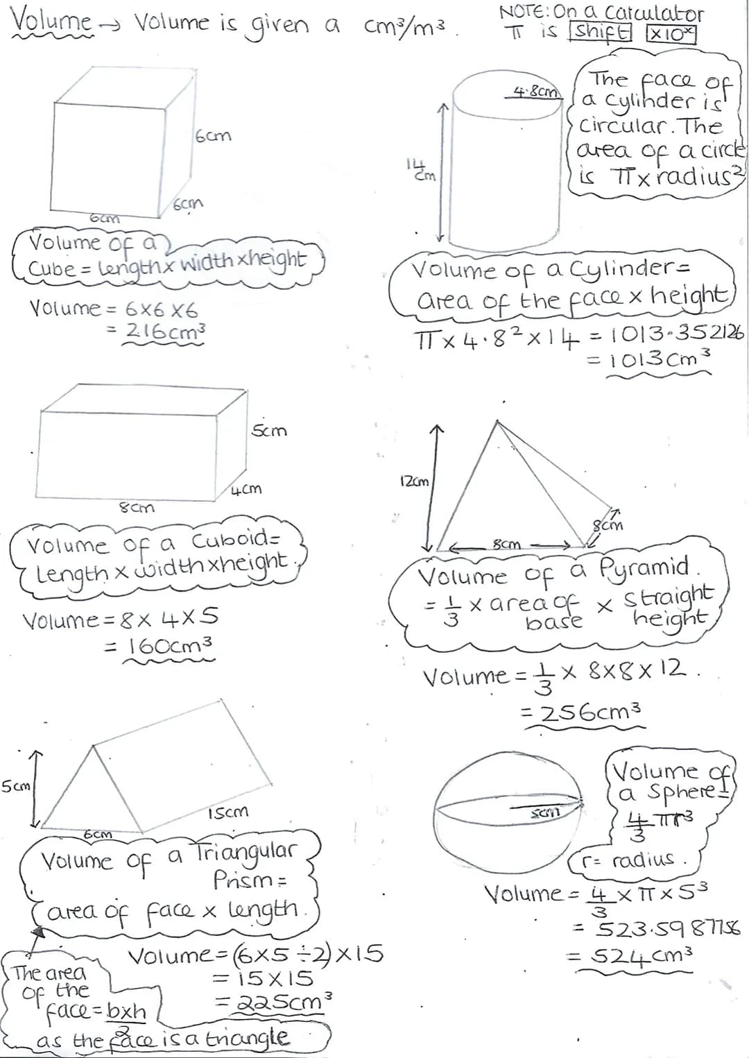 Volume Volume is given a cm³/m³.
6cm
6cm
Volume
of
a
Cube = Length x width xheight
6cm
Volume = 6x6x6
= 2.16cm³
5cm
Volume = 8x 4x5
= 160cm³