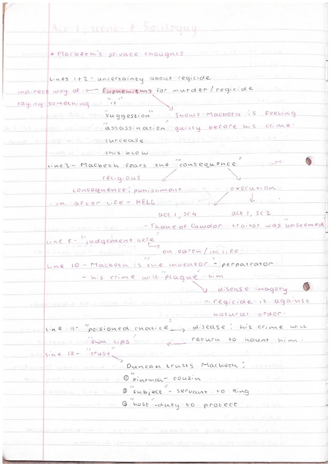 # Ack 1, scene 7 Soliloquy

*   Macbeen's privace thougues.

Lines 1+2 uncertainty about regicide

indirect way of Euphemisms for murder/reg