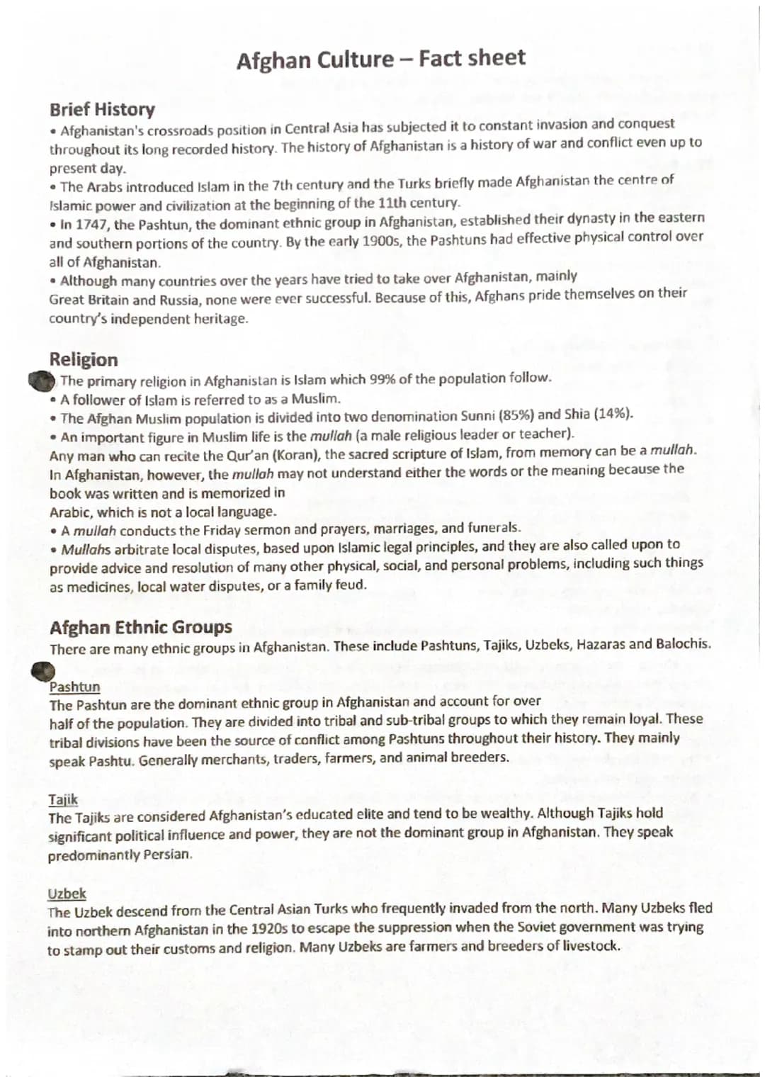 Afghan Culture - Fact sheet
Brief History
• Afghanistan's crossroads position in Central Asia has subjected it to constant invasion and conq