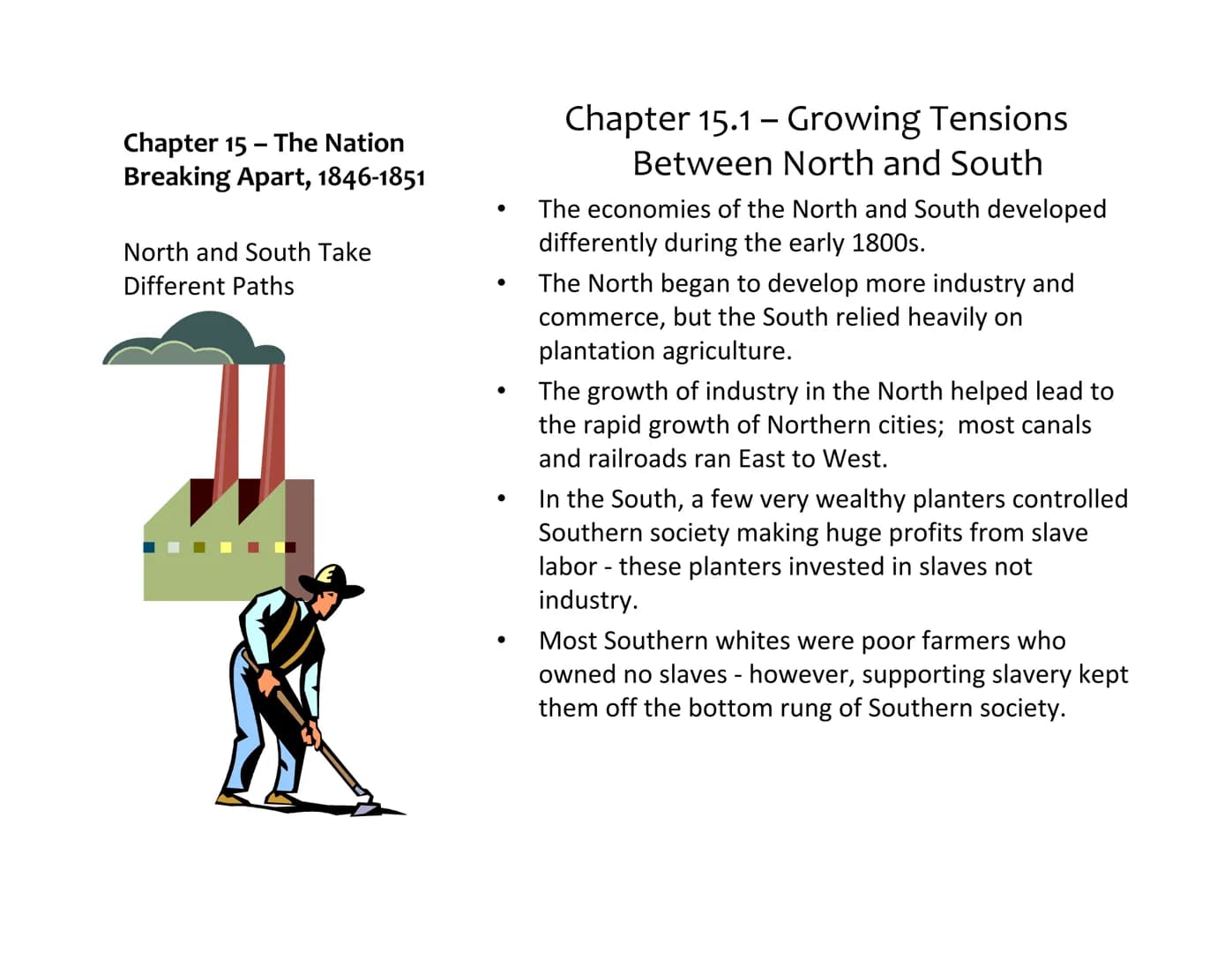 Chapter 15 - The Nation
Breaking Apart, 1846-1851
North and South Take
Different Paths
●
Chapter 15.1- Growing Tensions
Between North and So