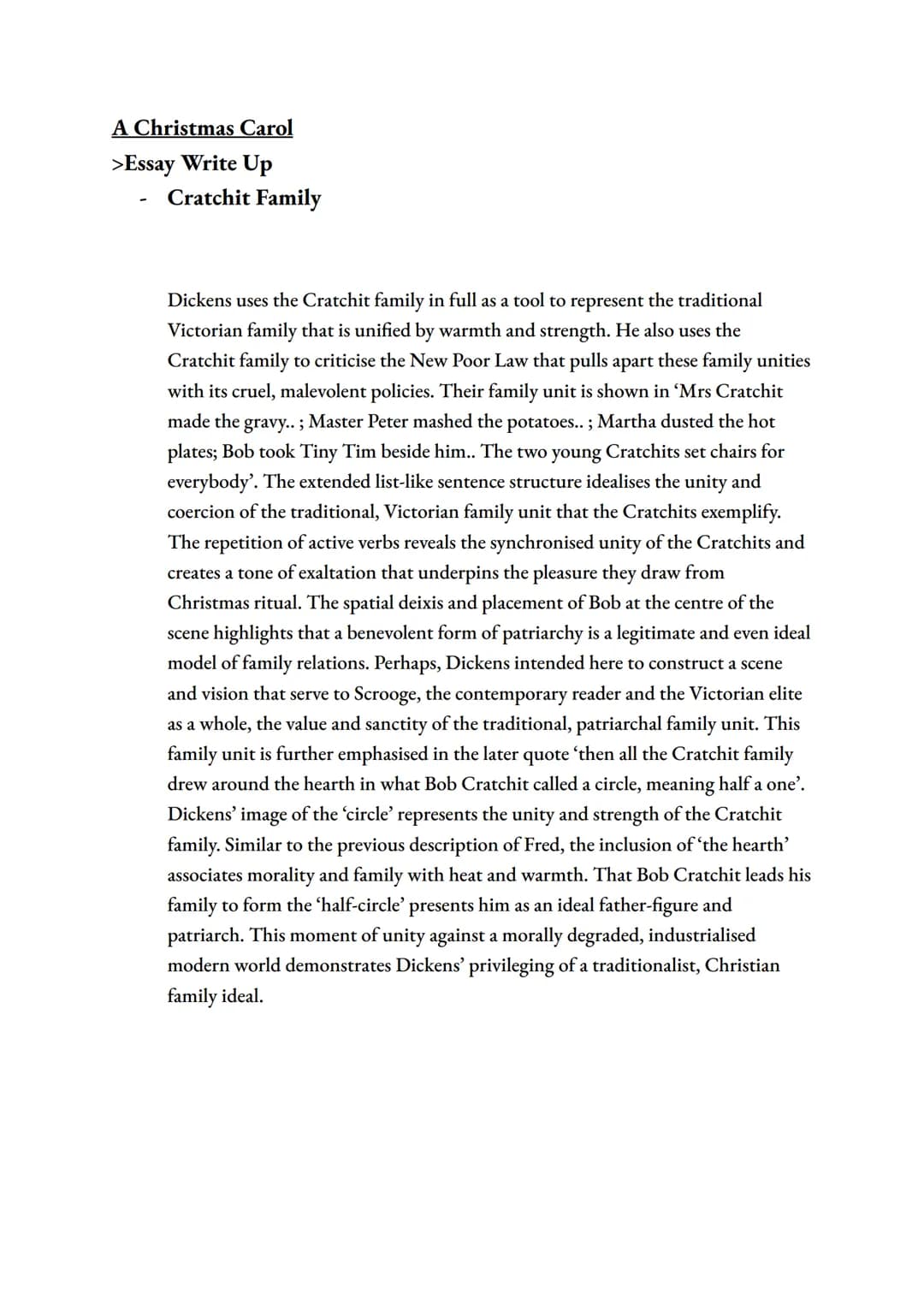 A Christmas Carol
>Essay Write Up
Cratchit Family
Dickens uses the Cratchit family in full as a tool to represent the traditional
Victorian 