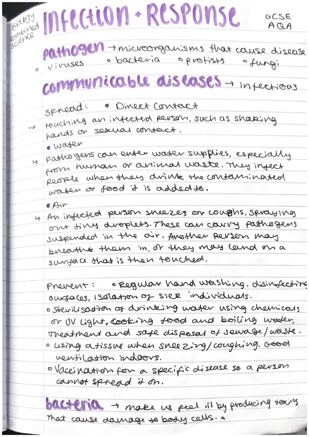Biology
combined
science
Infection Response
pathogen
viruses
O
GCSE
AQA
+ microorganisms that cause disease
• bacteria oprotists
• fungi.
co