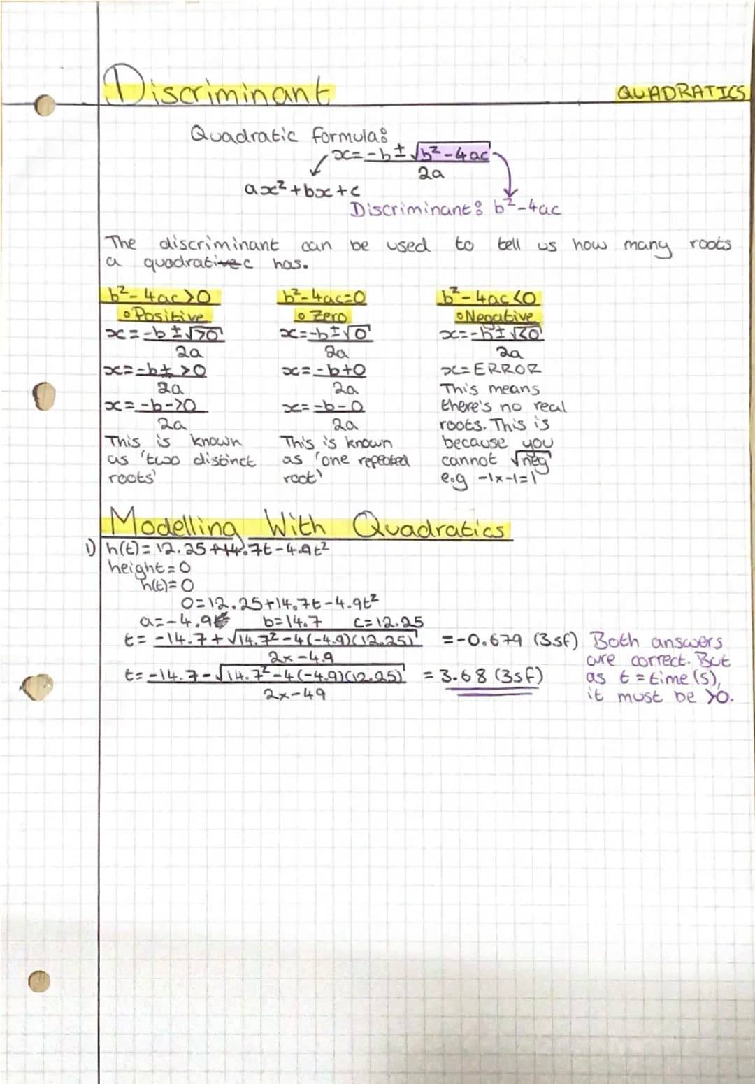 Discriminant
Quadratic formula:
✓ oc= -b±√b²-4ac
ax² + bx+c
2а
Discriminant: b²-4ac
QUADRATICS
The
discriminant
can
be used
to
tell us how.
