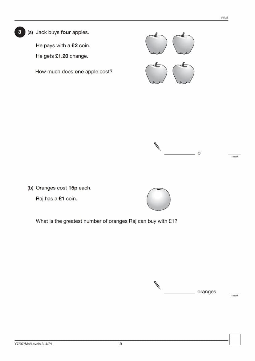 Ma
YEAR
7
LEVELS
3-4
2007
Mathematics test
Paper 1
Calculator not allowed
First name
Last name
School
Remember
■ The test is 45 minutes long