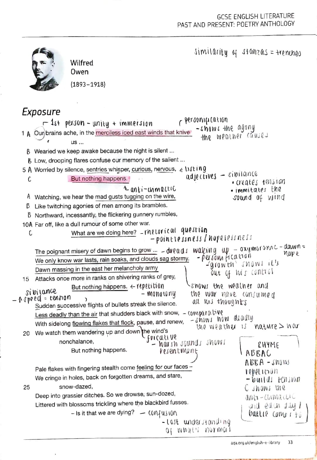 Exposure by Wilfred Owen - GCSE AQA Poetry Analysis and Annotations