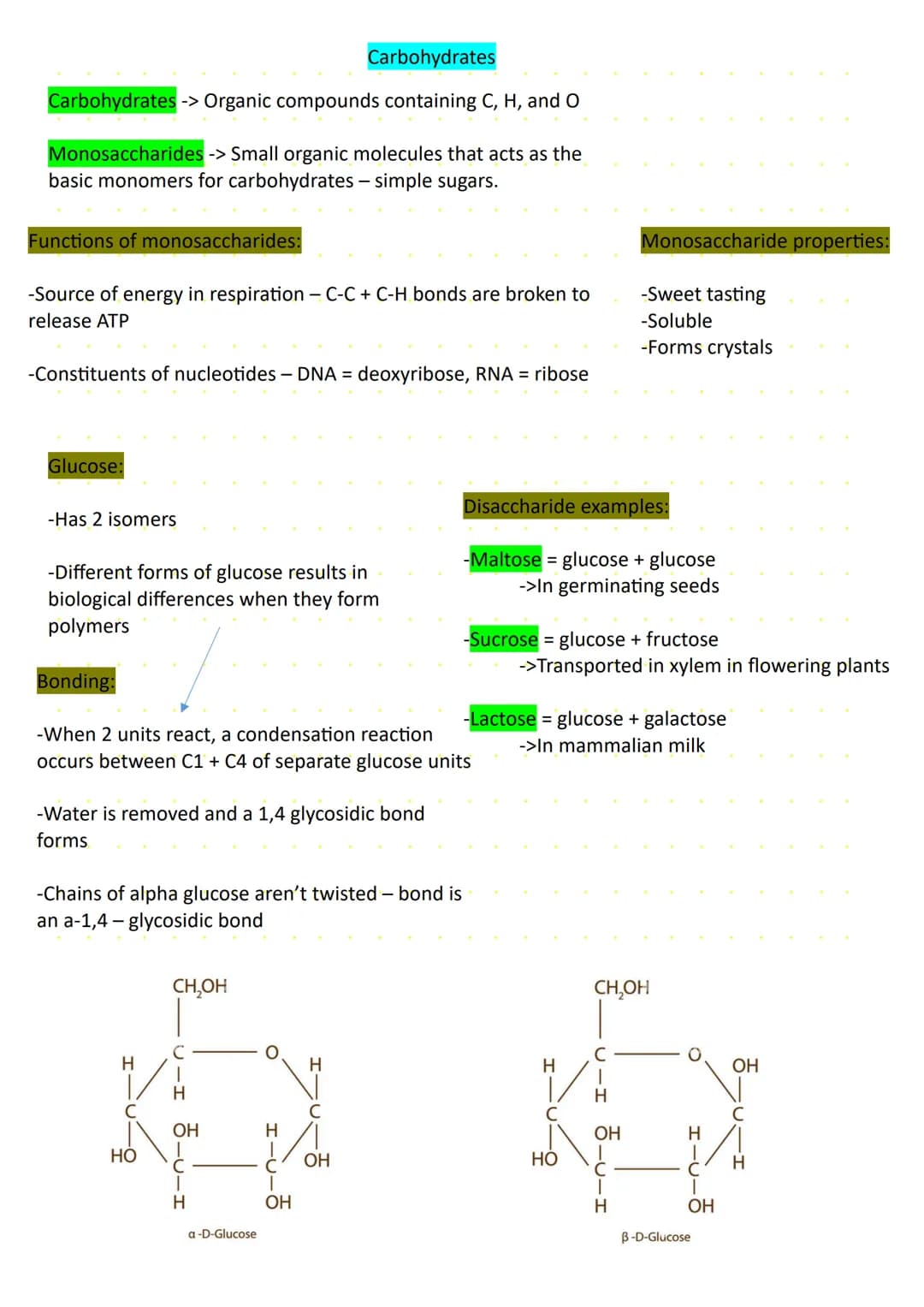 Carbohydrates
Carbohydrates -> Organic compounds containing C, H, and O
Monosaccharides -> Small organic molecules that acts as the
basic mo