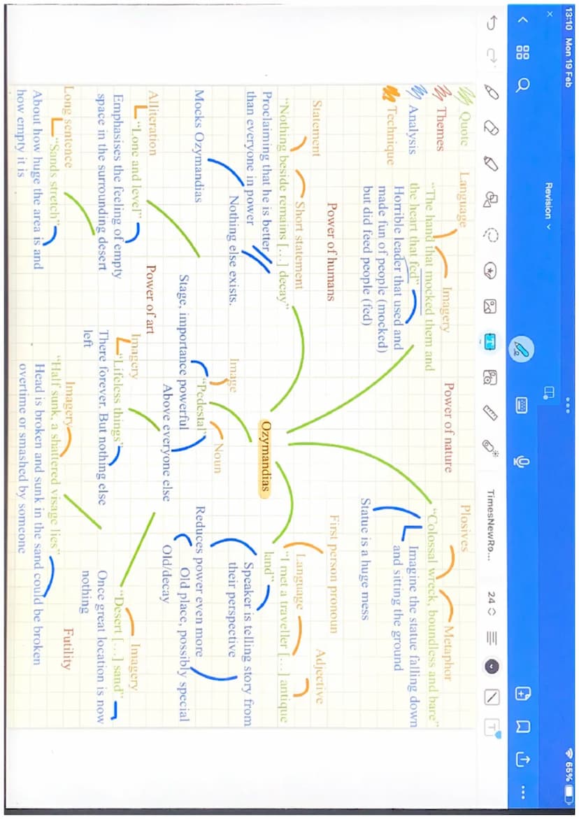 13:07 Mon 19 Feb
Ր
Revision
le
C
000
Sab
TimesNewRo...
24
Power &
Conflict Poems
65% Quote
Themes
o
T
Government/people/radicals
Personifica