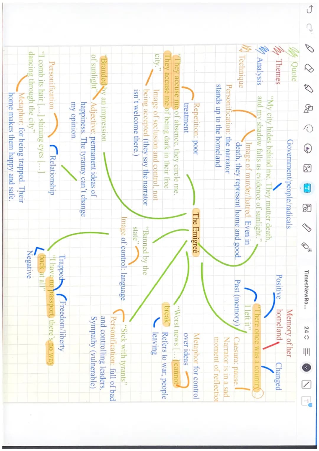 13:07 Mon 19 Feb
Ր
Revision
le
C
000
Sab
TimesNewRo...
24
Power &
Conflict Poems
65% Quote
Themes
o
T
Government/people/radicals
Personifica