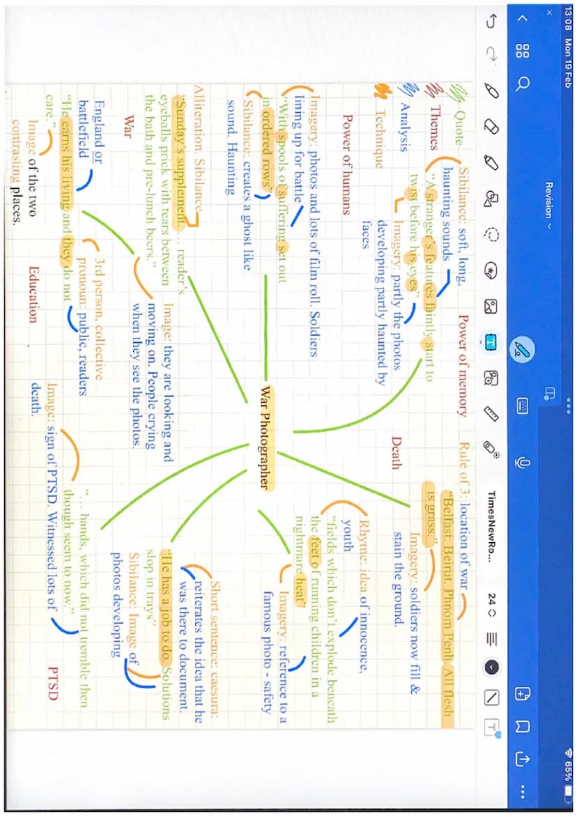 13:07 Mon 19 Feb
Ր
Revision
le
C
000
Sab
TimesNewRo...
24
Power &
Conflict Poems
65% Quote
Themes
o
T
Government/people/radicals
Personifica