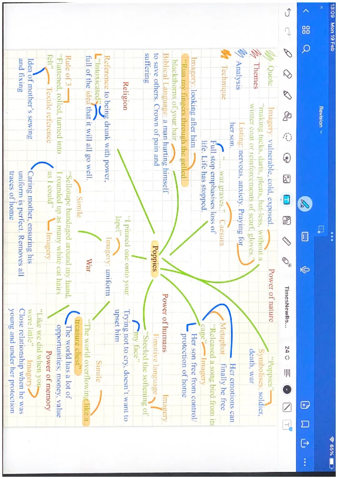 13:07 Mon 19 Feb
Ր
Revision
le
C
000
Sab
TimesNewRo...
24
Power &
Conflict Poems
65% Quote
Themes
o
T
Government/people/radicals
Personifica