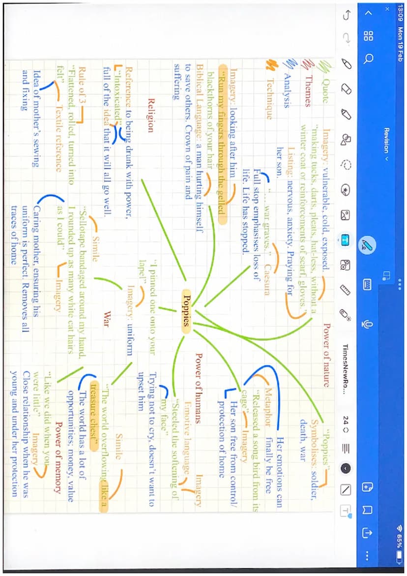 13:07 Mon 19 Feb
Ր
Revision
le
C
000
Sab
TimesNewRo...
24
Power &
Conflict Poems
65% Quote
Themes
o
T
Government/people/radicals
Personifica