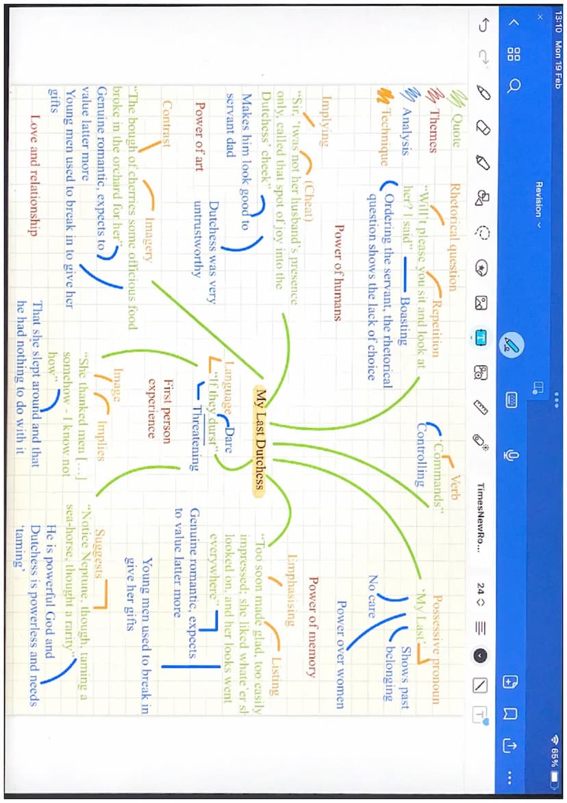 13:07 Mon 19 Feb
Ր
Revision
le
C
000
Sab
TimesNewRo...
24
Power &
Conflict Poems
65% Quote
Themes
o
T
Government/people/radicals
Personifica