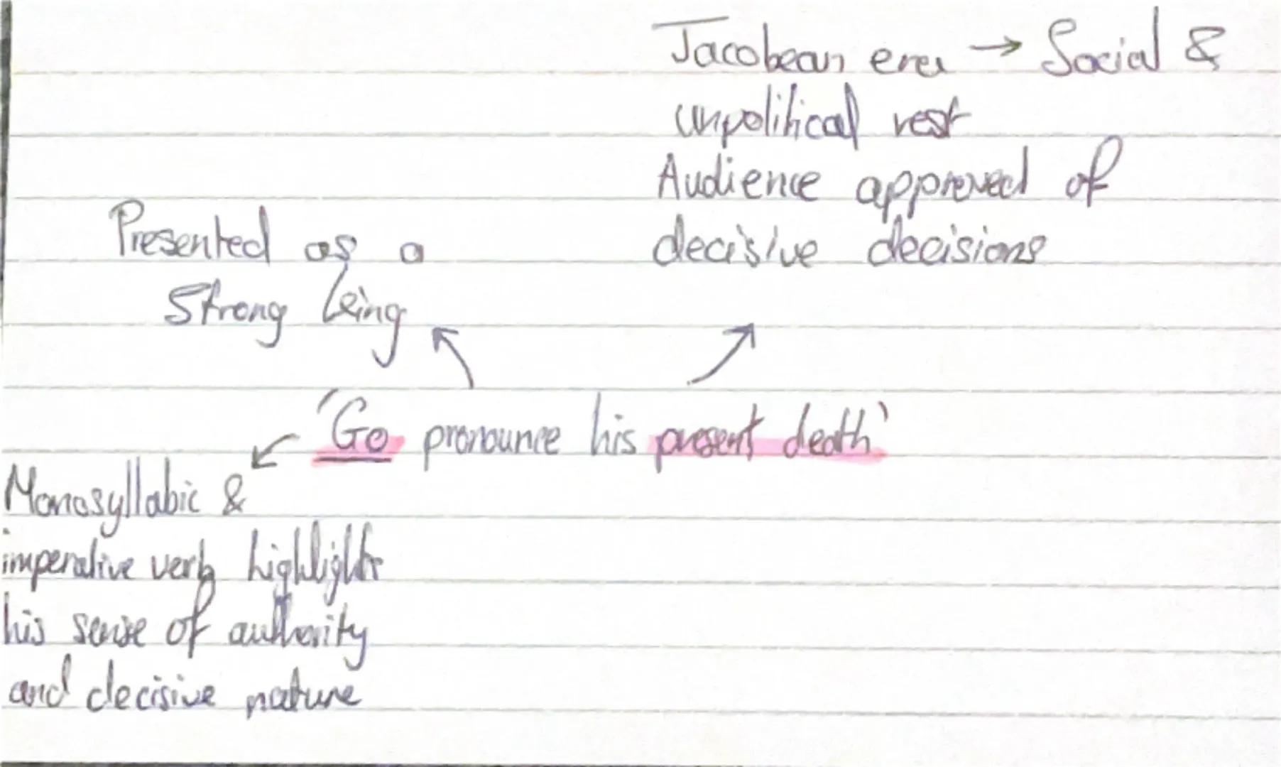 King Duncan Presented as a
Strong Ling K
Jacobean erer Social &
unpolitical rest
Audience approved of
decisive decisions
✓ Go pronounce his 