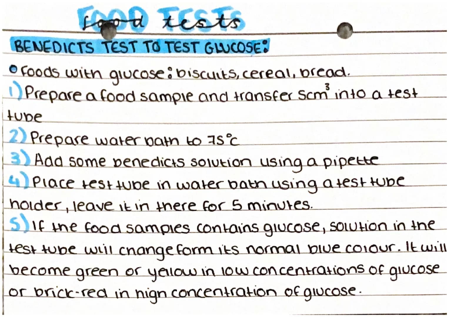 Food tests
BENEDICTS TEST TO TEST GLUCOSE:
• Foods with glucose: biscuits, cereal, bread.
Prepare a food sample and transfer Scm³ into a tes