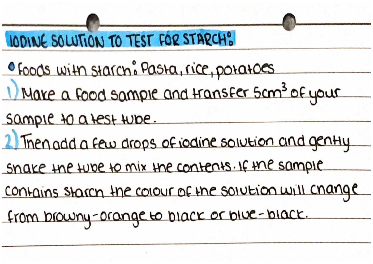 Food tests
BENEDICTS TEST TO TEST GLUCOSE:
• Foods with glucose: biscuits, cereal, bread.
Prepare a food sample and transfer Scm³ into a tes
