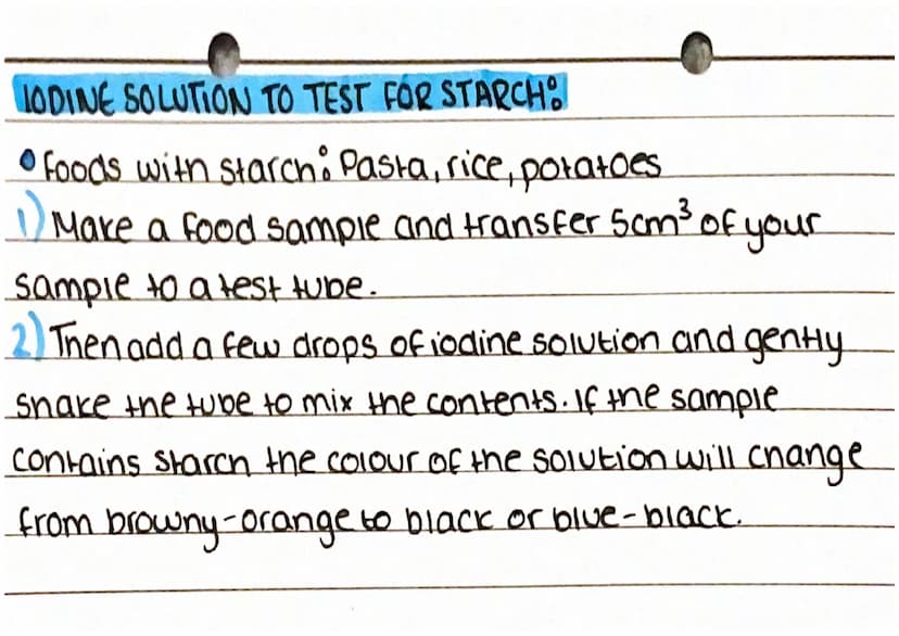 Food tests
BENEDICTS TEST TO TEST GLUCOSE:
• Foods with glucose: biscuits, cereal, bread.
Prepare a food sample and transfer Scm³ into a tes