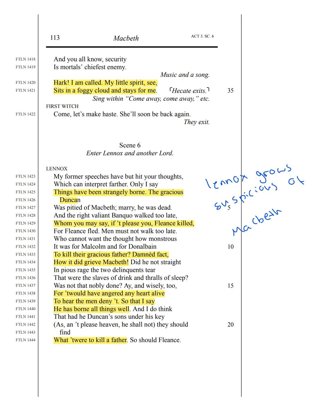 111
Macbeth
ACT 3. SC. 5
Scene 5
Thunder. Enter the three Witches, meeting Hecate.
FIRST WITCH
FTLN 1387
Why, how now, Hecate? You look ange