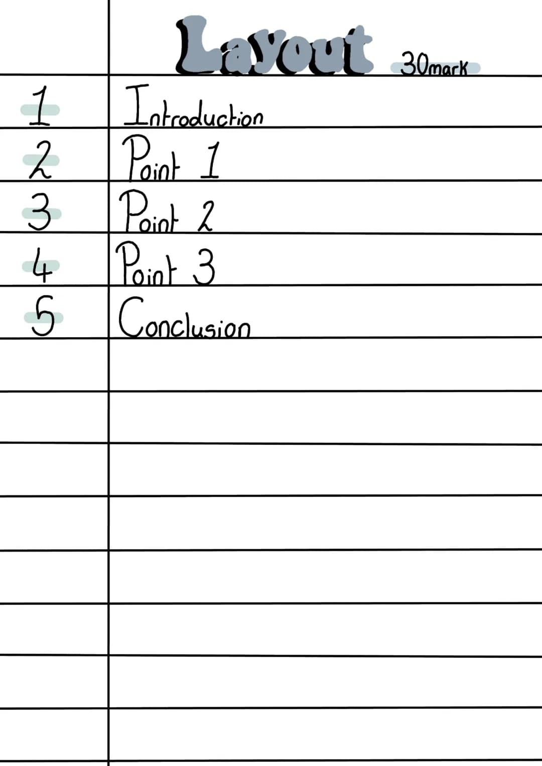 1
2
3
Layout
Introduction
Point 1
Point 2
Point 3
4
5 Conclusion
30mark Introduction
[writer name] presents [character] as [traits] this
con