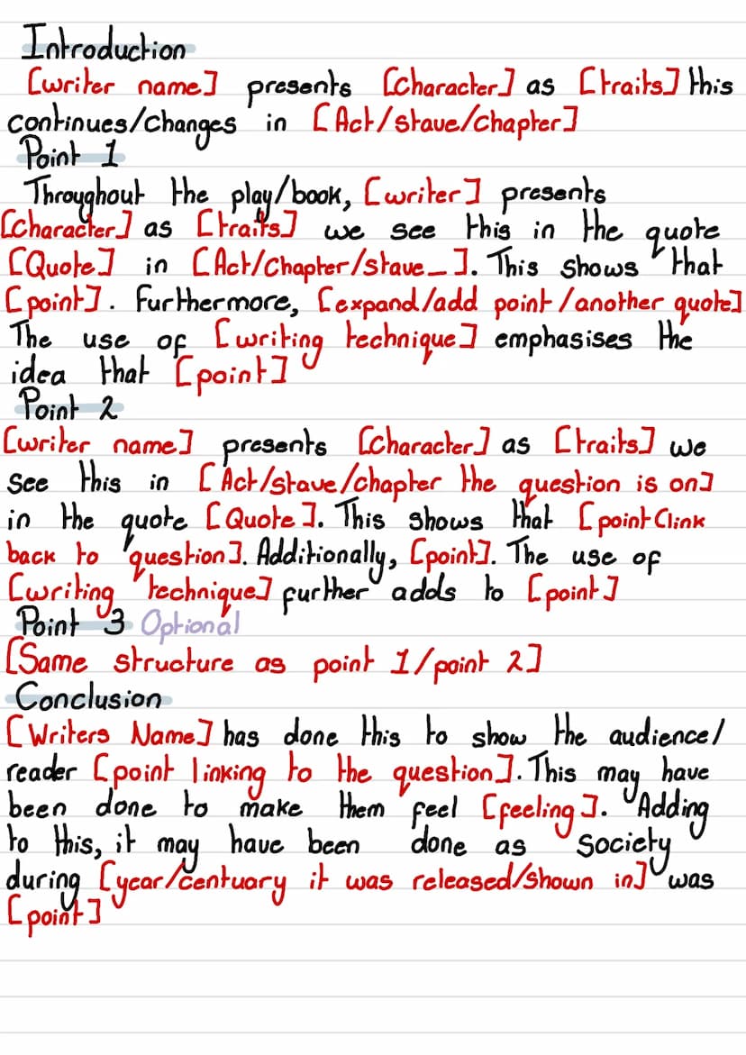 1
2
3
Layout
Introduction
Point 1
Point 2
Point 3
4
5 Conclusion
30mark Introduction
[writer name] presents [character] as [traits] this
con