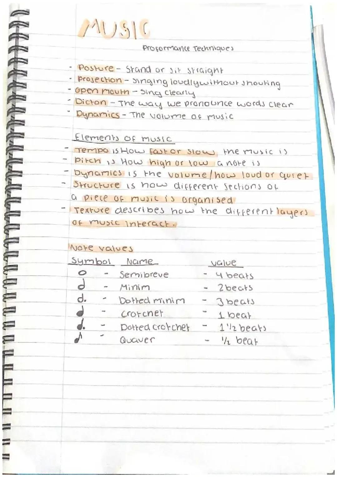 Music performance techniques and notes