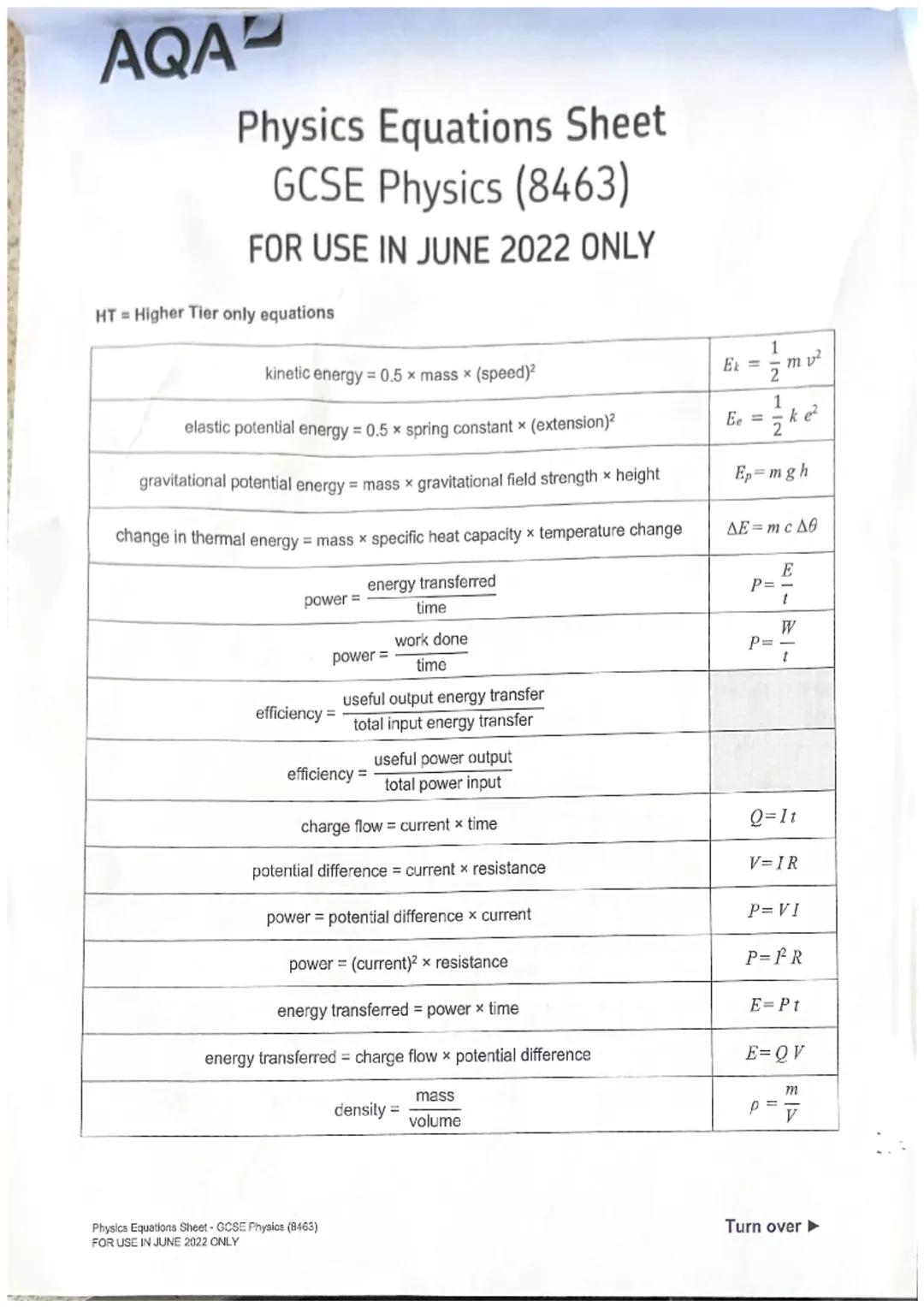 thermal energy for a change of state = mass x specific latent heat
$E=mL$
For gases: pressure x volume = constant
$pV=$ constant
weight = ma