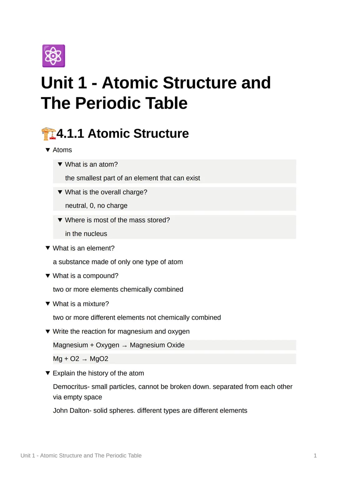 Unit 1 - Atomic Structure and
The Periodic Table
4.1.1 Atomic Structure
▼ Atoms
▼ What is an atom?
the smallest part of an element that can 