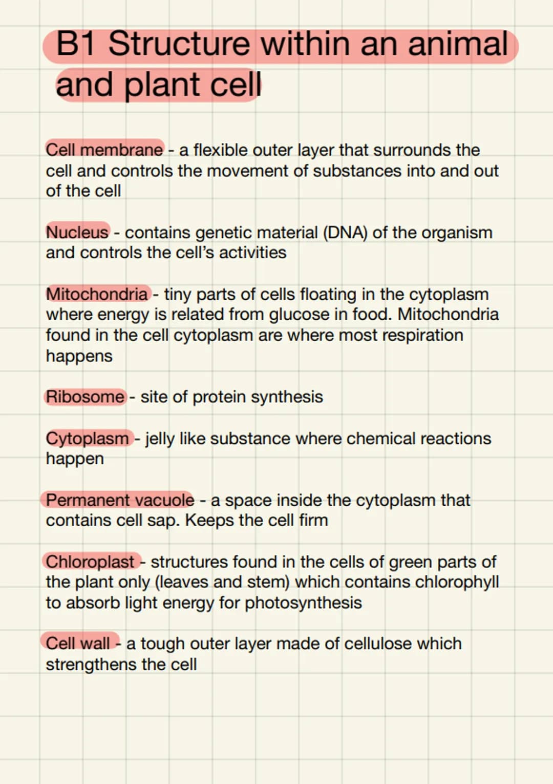 B1 Structure within an animal
and plant cell
Cell membrane - a flexible outer layer that surrounds the
cell and controls the movement of sub