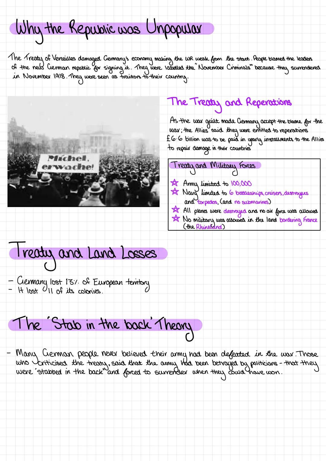 Why the Republic was Unpopular
The Treaty of Versailles damaged Germany's economy making the WR weak from the start. People blamed the leade