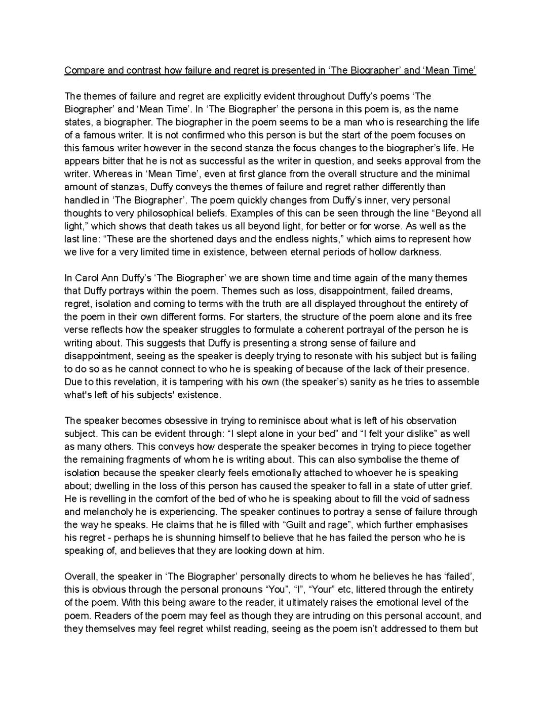 Compare and contrast how failure and regret is presented in ‘The Biographer’ and ‘Mean Time’