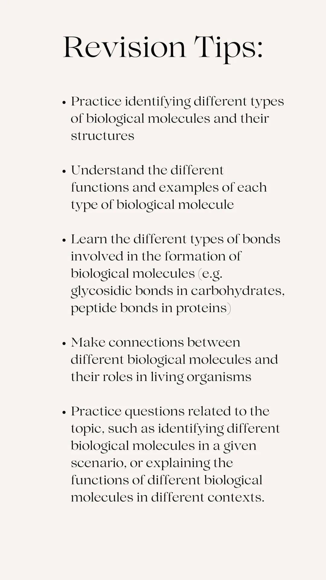 A Level
AQA BIOLOGY
BIOLOGICAL MOLECULES
REVISION GUIDE Made up of
monosaccharides
Carbohydrates i
✓
Function as a source of
energy (glucose