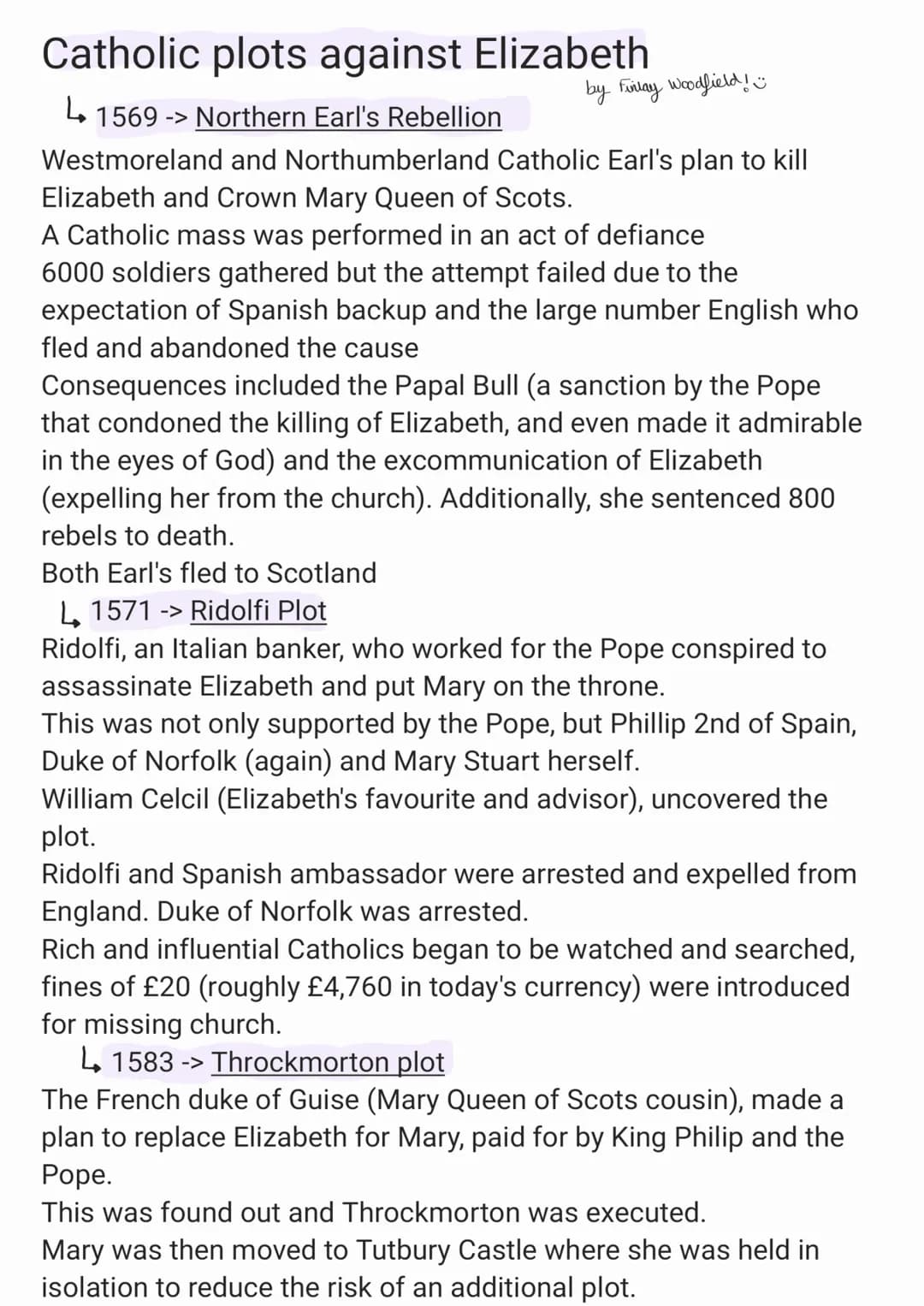 Catholic plots against Elizabeth
by Finlay Woodfield!
4 1569 ->
-> Northern Earl's Rebellion
Westmoreland and Northumberland Catholic Earl's
