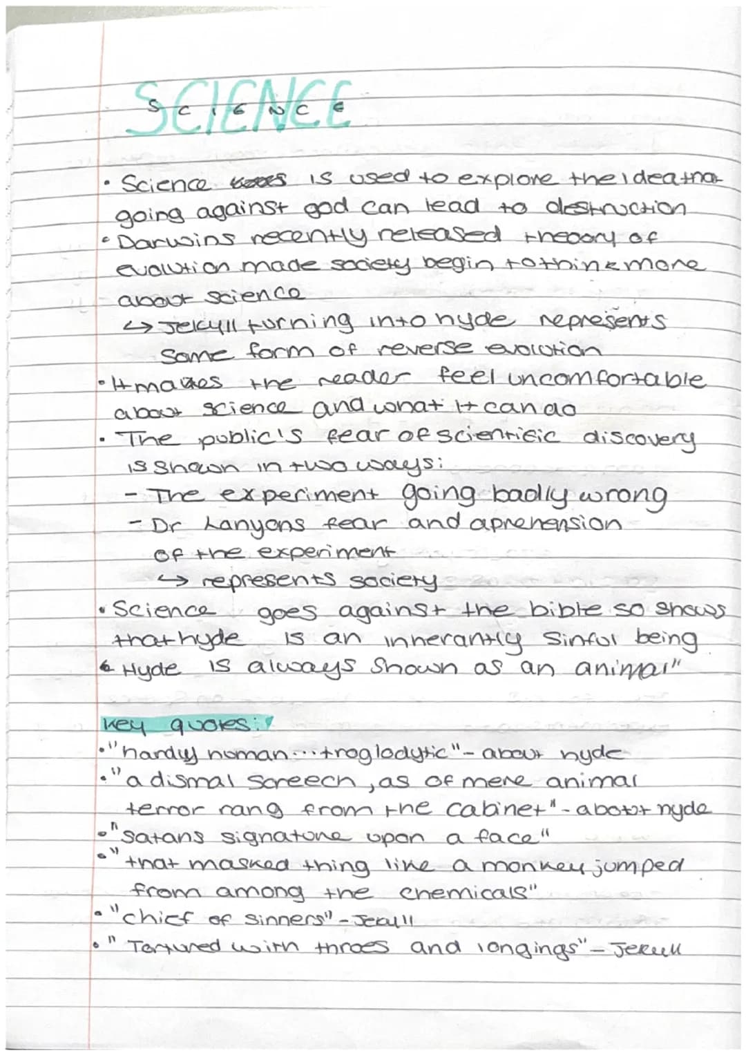 risks lossing all
friendships + reputation for
experiment to succeed
IS a determined
character
becomes erratic
and alienated from
victorian 