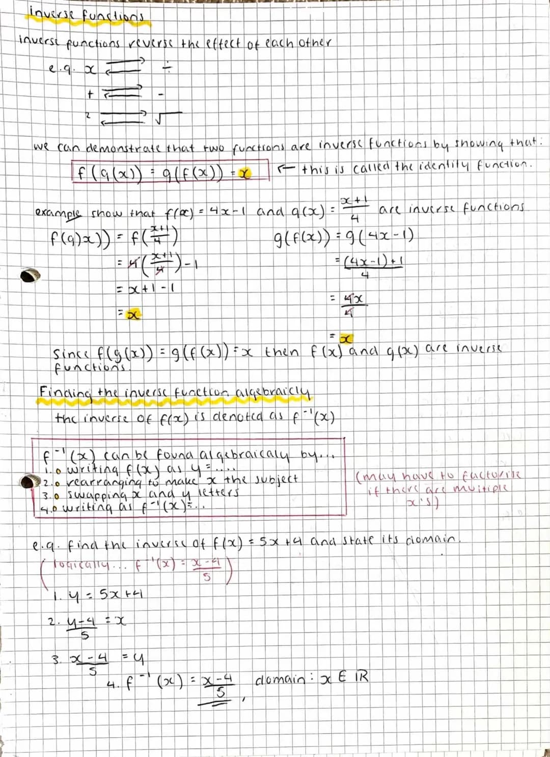 inverse functions
inverse functions reverse the effect of each other
e.q.x
2
we can demonstrate that two functions are inverse functions by 