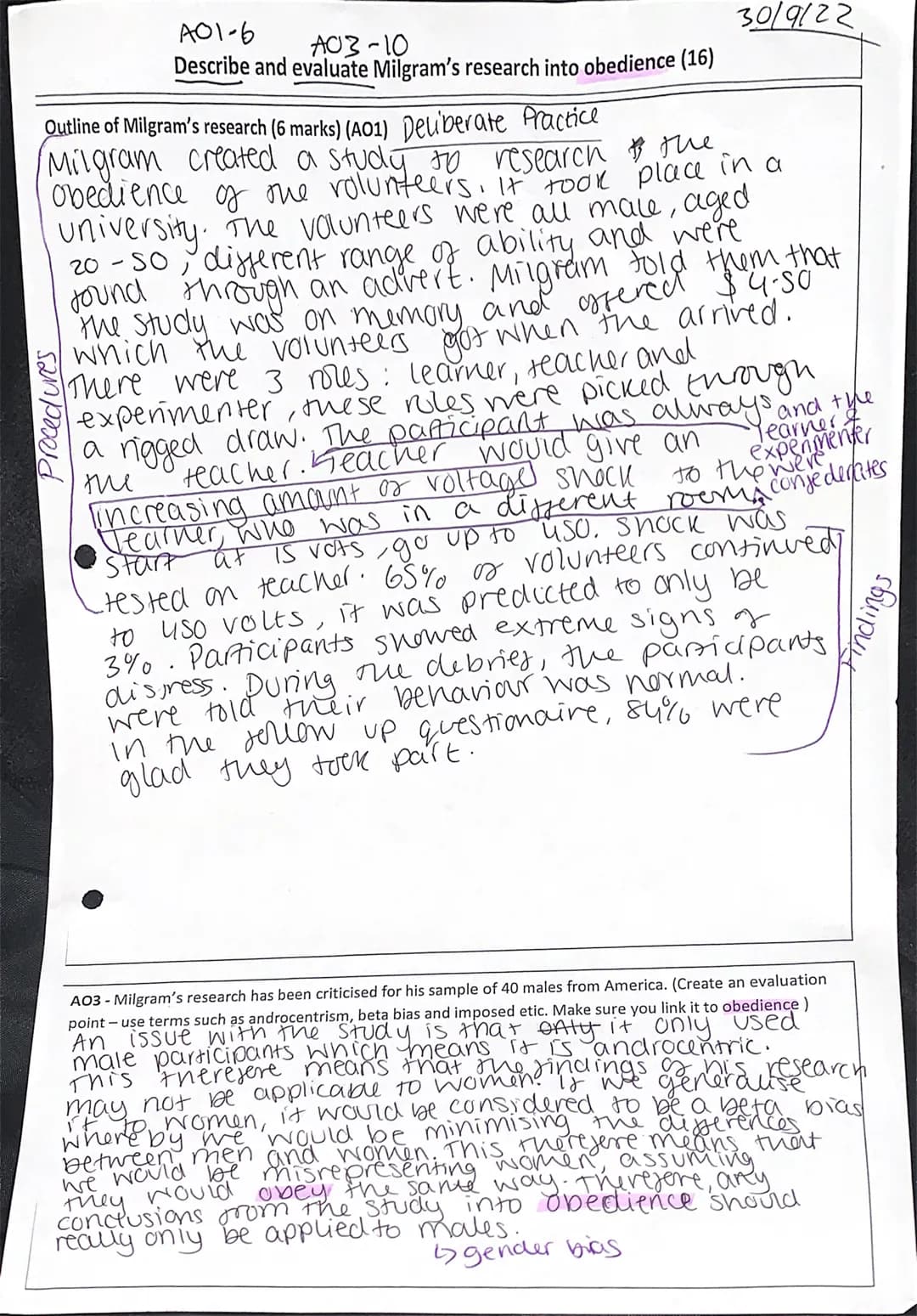 A01-6
A03-10
Describe and evaluate Milgram's research into obedience (16)
Procedures
3019122
Outline of Milgram's research (6 marks) (A01) D