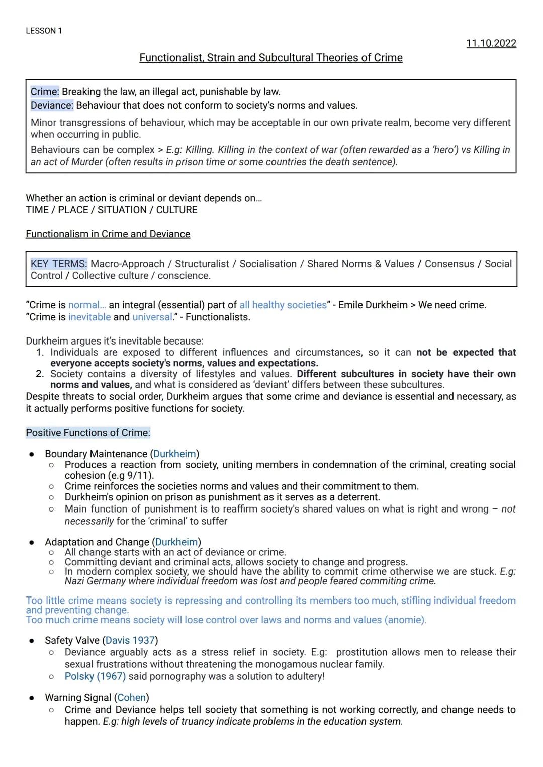 AQA A Level Sociology Crime & Deviance Revision Notes - Functionalist Theory & Examples
