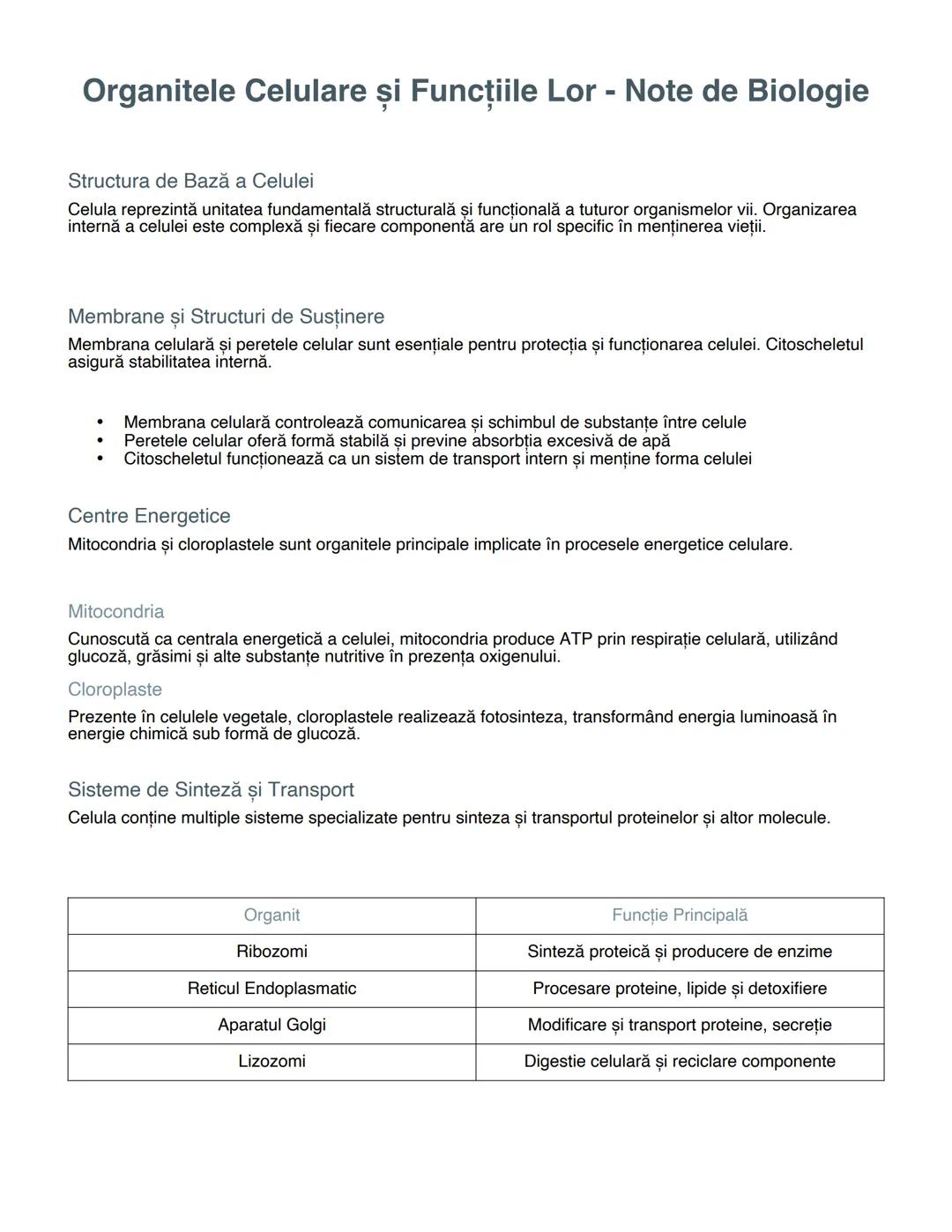 # Organitele Celulare și Funcțiile Lor - Note de Biologie

Structura de Bază a Celulei

Celula reprezintă unitatea fundamentală structurală 