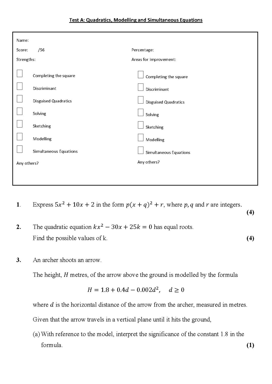 Quadratics, Modelling and Simultaneous equations Test