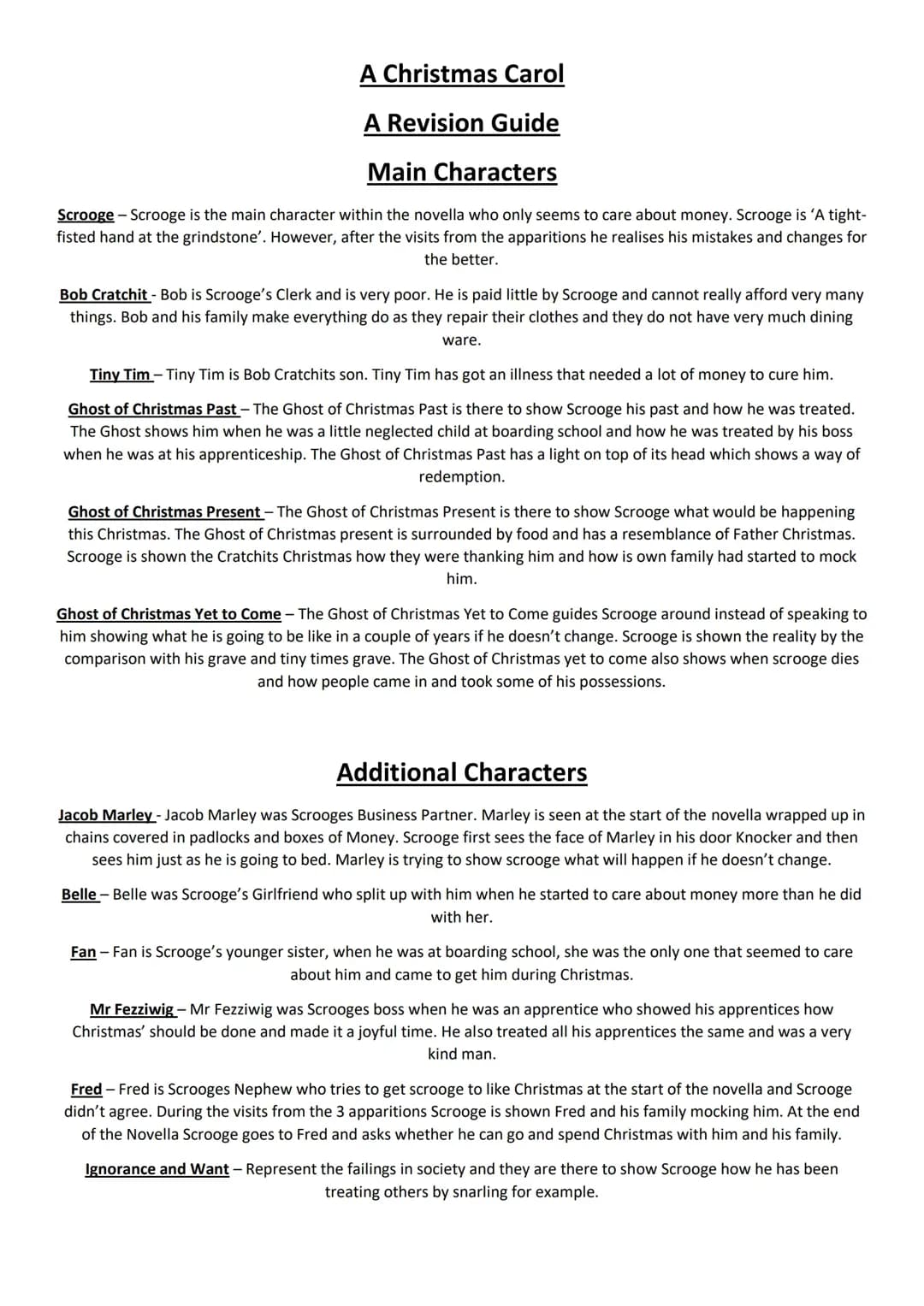 A Christmas Carol Revision Guide - Characters and Key Quotes PDF