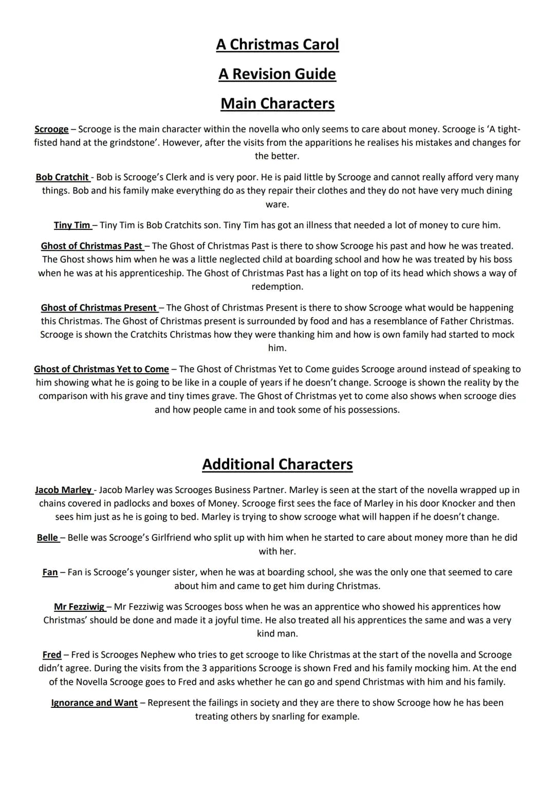 A Christmas Carol
A Revision Guide
Main Characters
Scrooge-Scrooge is the main character within the novella who only seems to care about mon