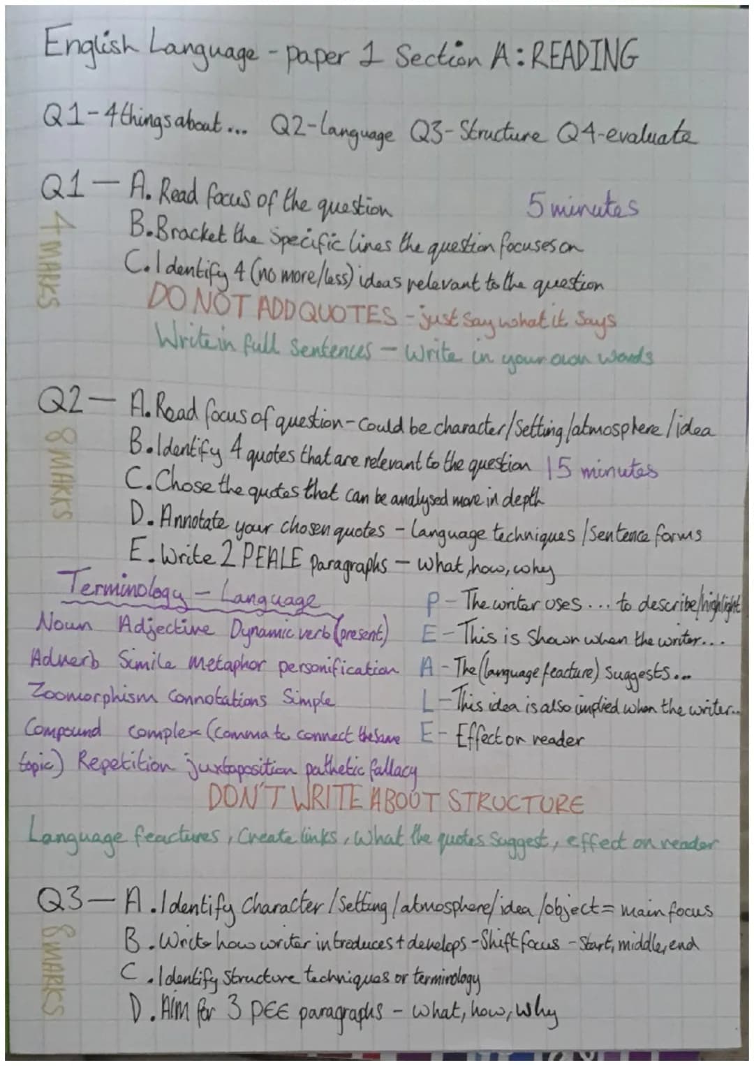 English Language-paper 1 Section A: READING
Q1-4 things about ... Q2-language Q3-Structure Q4-evaluate
Q1-A. Read focus of the question
24 M