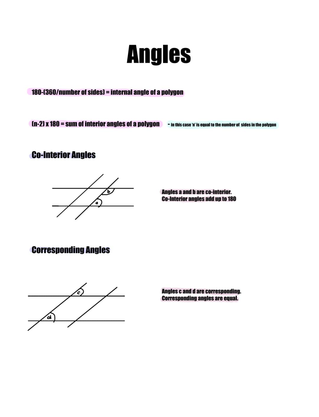 180-1360/number of sides) = internal angle of a polygon
[n-2] x 180= sum of interior angles of a polygon - in this case 'n' is equal to the 